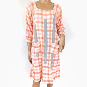 REBE BY DEBRA WEISS Dress LS Seersucker Gingham Plaid Cotton L